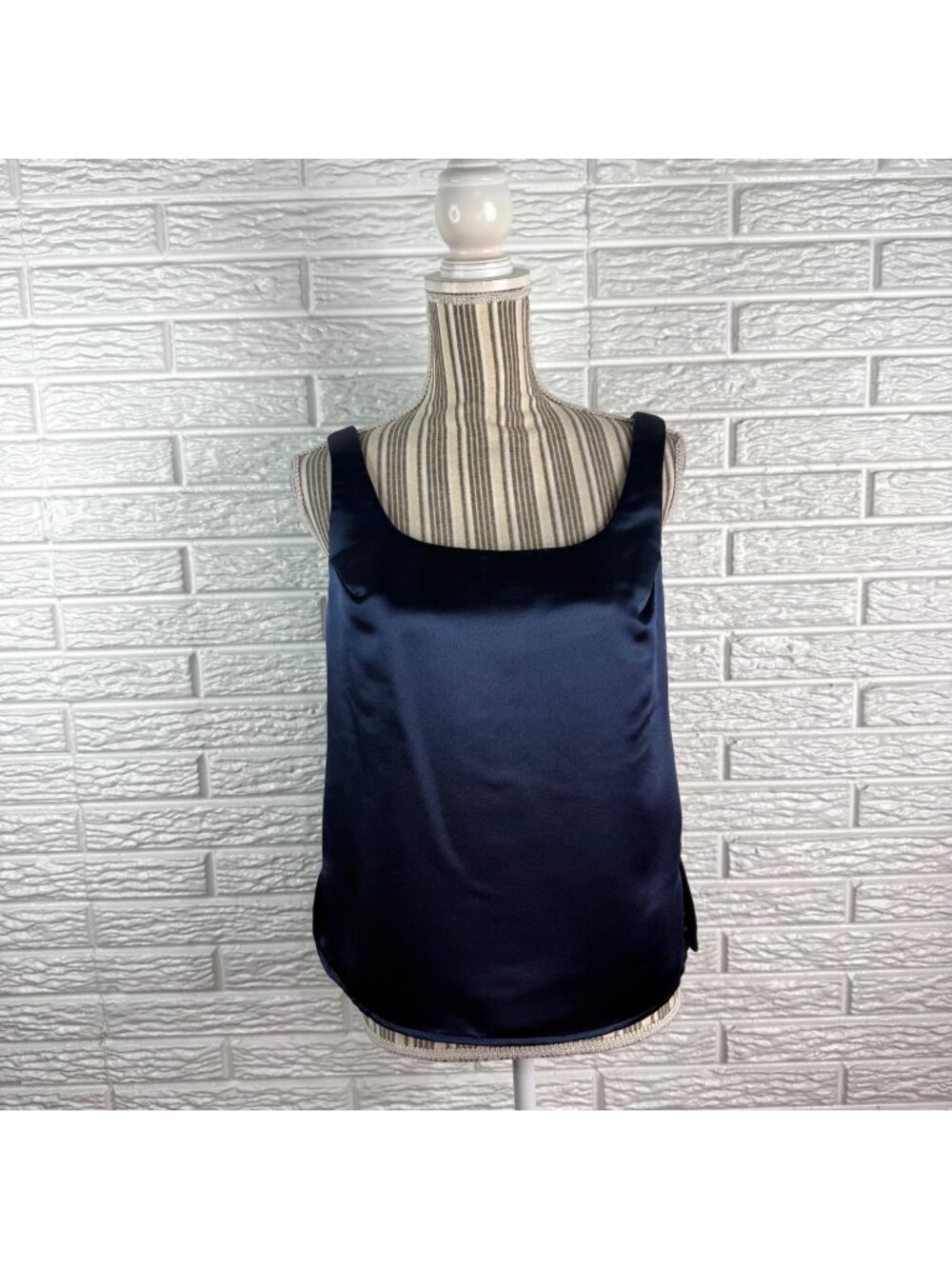 Vintage 90s Formal Navy Blue Satin Tank Top Classic Scoop Neck Size Medium